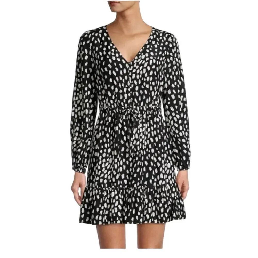 Vineyard Vines Black White Silk Blend Dress Large V Neck Long Sleeve Ruffle Hem - Picture 1 of 16